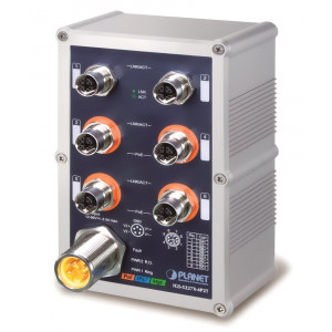 Planet IGS-5227X-4P2T vodotěsný průmyslový L3 switch, 6x1Gb M12, 4x PoE 802.3at 144W, 12-56VDC, -40~75°C, IP67, EN50155