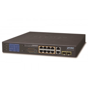 OPRAVENÉ - Planet FGSD-1022VHP PoE switch, 8x100, 2x1000-TP/SFP, LCD, VLAN, extend mód 10Mb do 250m, IEEE 802.3at
