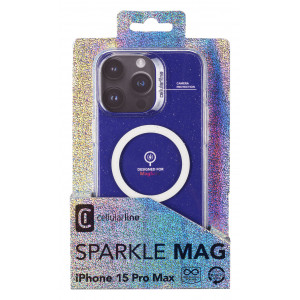 Třpytivý zadní kryt Cellularline Sparkle Mag s podporou Magsafe pro Apple iPhone 15 Pro Max, čirý