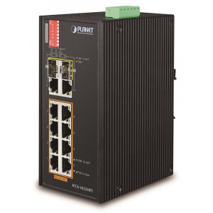 Planet IFGS-1022HPT průmyslový PoE switch, 8x100Mb + 2x1Gb/SFP, PoE 802.3at 30/240W, -40až75°C, dual 48-54VDC, IP30
