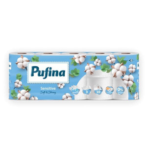 Toaletní papír Pufina Aquabond, 3vrstvý, 10 rolí
