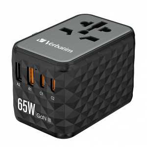 Verbatim, Cestovní adaptér World-to-World UTA-05 GaN III 2x USB-C PD, QC 4+ a 2x USB-A, černá, 65 W