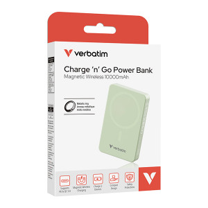 Verbatim, power banka s bezdrátovým nabíjením, 5V, nabíjení telefonu, 32228, 10000mAh, magnetické připevnění, Zelená