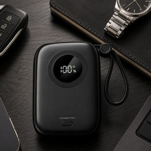 POWERTON, Power Bank, DARK EDITION, Li-Pol, 5/9/10V, nabíjení mobilních telefonů aj., 10000mAh, 2x USB-C, 22.5W, integrovaný kabel