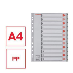 Rejstříky, šedá, A4, plast, 1-12, ESSELTE
