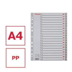 Rejstříky, šedá, A4, plast, 1-20, ESSELTE