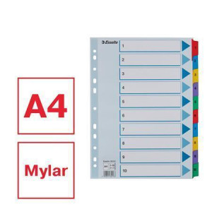 Zesílené rejstříky "Mylar", mix barev, karton, A4, 1-10, ESSELTE