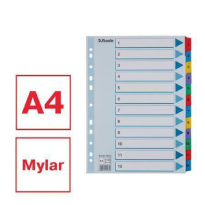 Zesílené rejstříky "Mylar", mix barev, karton, A4, 1-12, ESSELTE