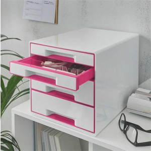 Zásuvkový box "Wow Cube", bílá/růžová, 4 zásuvky, LEITZ
