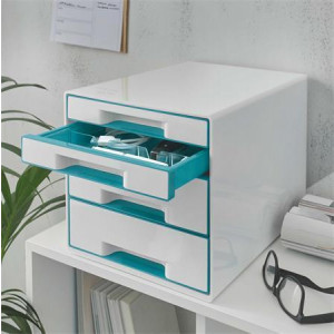 Zásuvkový box "Wow Cube", bílá/ledově modrá, 4 zásuvky, LEITZ