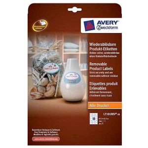 Avery Zweckform etikety 63.5mm x 42.3mm, A4, bílé, 18 etiket, snímatelné, baleno po 20 ks, L7101REV-20, pro laserové a inkoustové