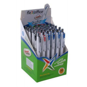 Kuličková pera "Senior", mix barev, 0,4 mm, stiskací mechanismus, modrý inkoust, FLEXOFFICE