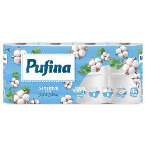 Toaletní papír "Sensitive Aquabond", bez parfemace, 3-vrstvý, 8 rolí, PUFINA PP20807