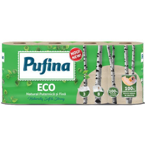 Toaletní papír "Eco", nebělený, bez chemických látek, 3-vrstvý, 8 rolí, PUFINA PP21042
