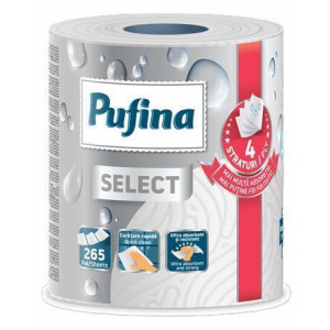 Papírové utěrky "Select", 4-vrstvé, 265 útržků, 1 role, PUFINA PP21244