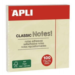 Samolepicí bloček "CLASSIC", žlutá, 75 x 75 mm, 100 listů, APLI 10975