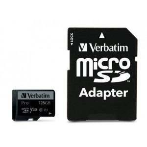 Paměťová karta "PRO“, microSDXC, 128GB, CL10/U3, 90/45 MB/s, adaptér, VERBATIM 47044