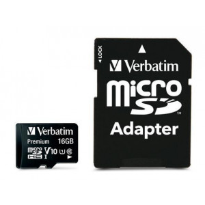 Paměťová karta "Premium", microSDHC, 16GB, CL10/U1, 45/10 MB/s, adaptér, VERBATIM