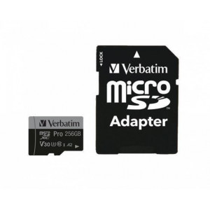 Paměťová karta "PRO“, microSDXC, 256GB, CL10/U3/A2, 100/90 MB/s, adaptér, VERBATIM 47045