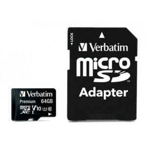 Paměťová karta "Premium", microSDXC, 64GB, CL10/U1, 70/10 MB/s, adaptér, VERBATIM