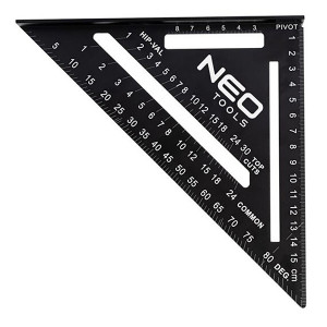 Tesařský úhelník z polyesteru, 72-102, 12l, speciální úhlová stupnice, Neo Tools