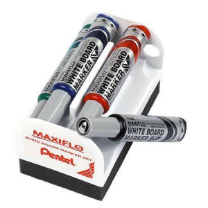 Popisovače na bílou tabuli "Maxiflo", 4 barvy, sada s houbičkou, kuželový hrot, 6 mm, PENTEL MWL5M-4