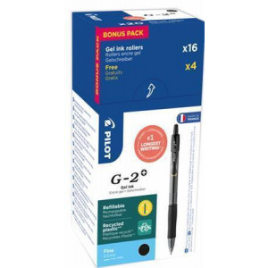 Gelové pero "G-2", černá, 0,25 mm, stiskací mechanismus, 20 ks/balení, PILOT BL-G2-5-B-DOBOZ