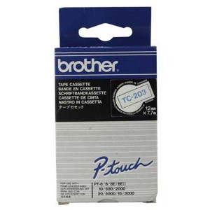 Brother originální páska do tiskárny štítků, Brother, TC-203, modrý tisk/bílý podklad, laminovaná, 7.7m, 12mm