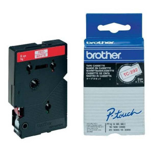 Brother originální páska do tiskárny štítků, Brother, TC-292, červený tisk/bílý podklad, laminovaná, 7.7m, 9mm