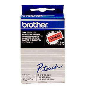 Brother originální páska do tiskárny štítků, Brother, TC-491, černý tisk/červený podklad, laminovaná, 7.7m, 9mm