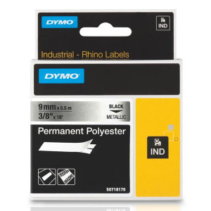 Dymo originální páska do tiskárny štítků, Dymo, 18485, S0718170, černý tisk/metalický podklad, 5.5m, 9mm, RHINO permanentní polyes