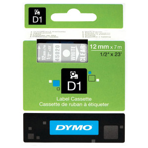 Dymo originální páska do tiskárny štítků, Dymo, 45020, S0720600, bílý tisk/transparentní podklad, 7m, 12mm, D1