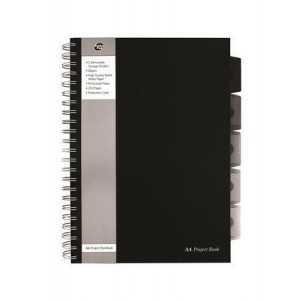 Blok "Black project book", A4, černá, linkovaný, 125 listů, spirálová vazba, PUKKA PAD