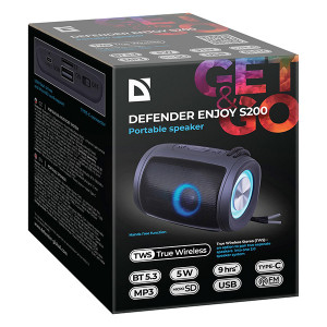 Defender reproduktor ENJOY S200, Li-Ion, 1.0, 5W, černý, regulace hlasitosti, přenosný, LED podsvícení, s integr. baterií, 80Hz~20