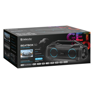 Defender reproduktor BEATBOX 50, Li-Ion, 2.0, 50W, černý, regulace hlasitosti, LED podsvícení, BT 5.0, TWS, 80Hz~12kHz