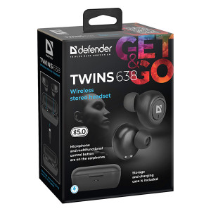 Defender Twins 638 sluchátka s mikrofonem, bezdrátová, černá, špuntová, BT 5.0, TWS, nabíjecí pouzdro typ bluetooth, DOPRODEJ