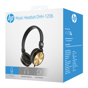 HP DHH-1206 Black sluchátka s mikrofonem, drátová, černo-zlatá, klasická typ 3,5mm jack