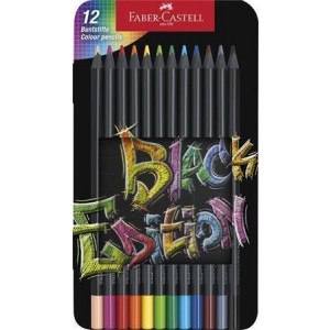 Barevné pastelky "Black Edition", 12 barev, trojhranné, kovová krabička, FABER-CASTELL 116413