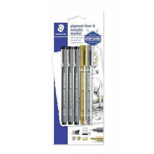 Liner a metalický popisovač "Design Journey Pigment Liner", 5 ks, STAEDTLER