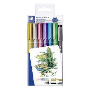Dekorační popisovač, 6 různých metalických barev+1 černý popisovač, 1-2 mm, STAEDTLER