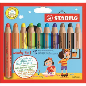 Barevné pastelky "Woody", 10ks, 3v1 – pastelka, vodovka, voskovka,  STABILO