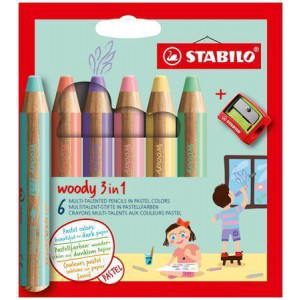 Barevné pastelka "Woody", 6 pastelových barev, maxi, 3v1 – pastelka, vodovka, voskovka, STABILO 8806