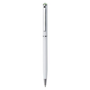 Kuličkové pero "SWS SLIM", bílá, zelený krystal SWAROVSKI®, 13 cm, ART CRYSTELLA® 1805XGS553