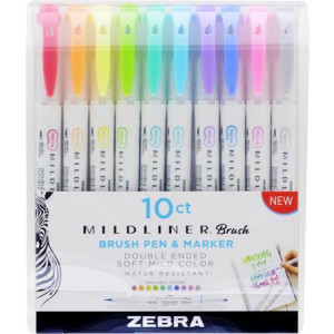 Štětcové fixy "Mildliner Brush & Marker", 10 barev, oboustranný, ZEBRA 79101