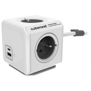 Cubenest Powercube Extended USB PD 20W, A+C, 4× zásuvka, 3m, bílá/šedá,  dětská pojistka, uzemnění, dok, 10A/250V