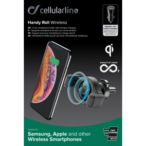 Univerzální držák do ventilace auta s funkcí bezdrátového nabíjení Cellularline Handy Roll, černý