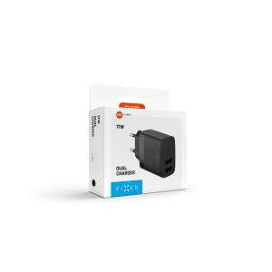 Síťová nabíječka FIXED s 2xUSB výstupem, 17W Smart Rapid Charge, černá