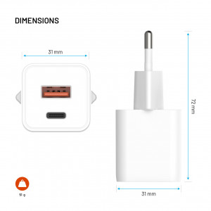 Síťová GaN nabíječka FIXED Mini s USB-C a USB výstupem a podporou PD, 30W, bílá