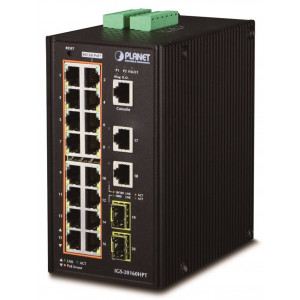 Planet IGS-20160HPT L3 switch, 18x1Gb, 2x2.5Gb SFP, 16x PoE 802.3at 320W, dual 48-56VDC, -40~75°C, IP30