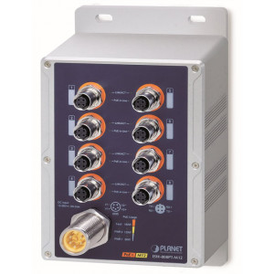 Planet vodotěsný průmyslový PoE switch, 8xFE M12, 8x PoE 802.3at 30W/180W, -40~+75°C, 12-56VDC, IP67